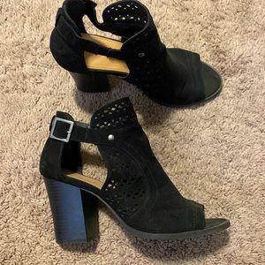 American Eagle Black Suede Peep Poe booties with Buckle Detail